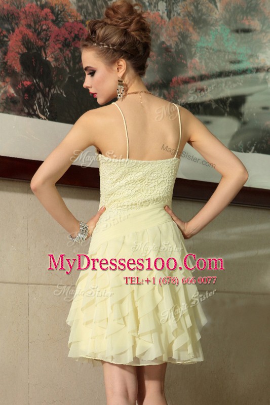 Deluxe Ruffled Empire Club Wear Light Yellow Spaghetti Straps Chiffon Sleeveless Mini Length Side Zipper