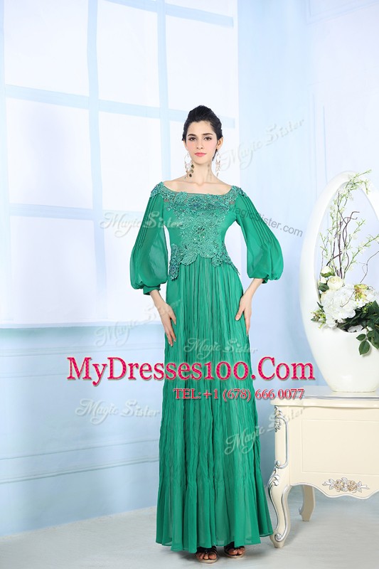 Fashion Green Square Zipper Beading and Appliques and Ruching Prom Gown 3 4 Length Sleeve