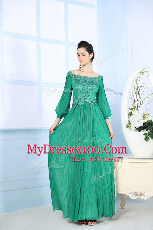 Fashion Green Square Zipper Beading and Appliques and Ruching Prom Gown 3 4 Length Sleeve
