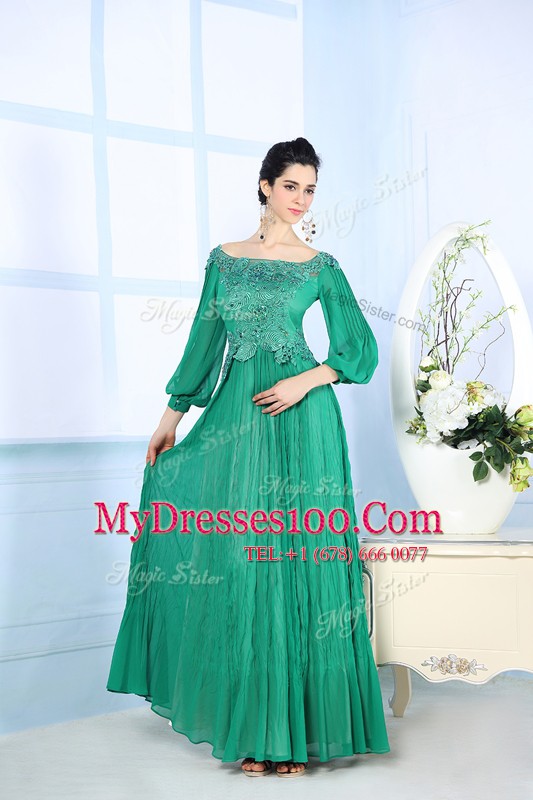 Fashion Green Square Zipper Beading and Appliques and Ruching Prom Gown 3 4 Length Sleeve