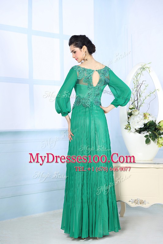 Fashion Green Square Zipper Beading and Appliques and Ruching Prom Gown 3 4 Length Sleeve