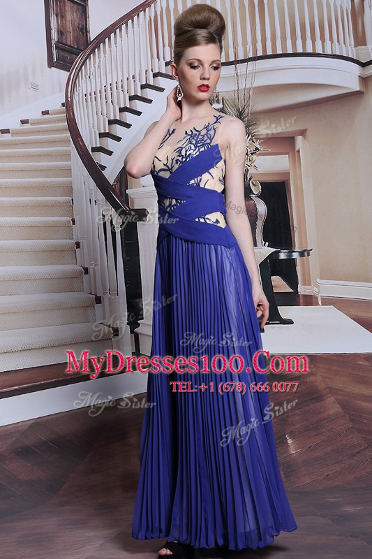 Sleeveless Chiffon Floor Length Zipper Prom Evening Gown in Royal Blue with Sequins and Pleated