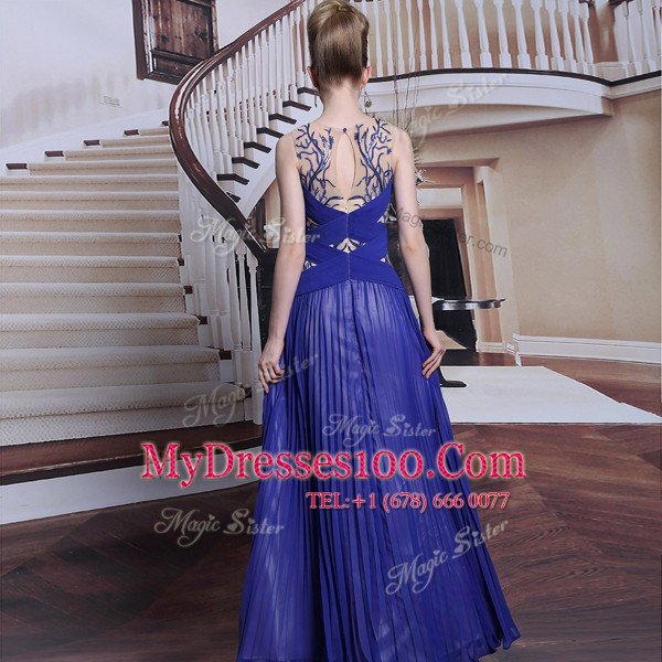 Sleeveless Chiffon Floor Length Zipper Prom Evening Gown in Royal Blue with Sequins and Pleated