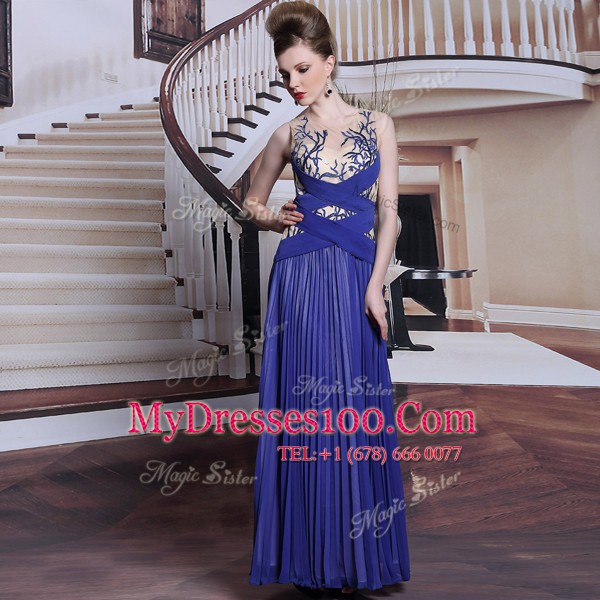 Sleeveless Chiffon Floor Length Zipper Prom Evening Gown in Royal Blue with Sequins and Pleated