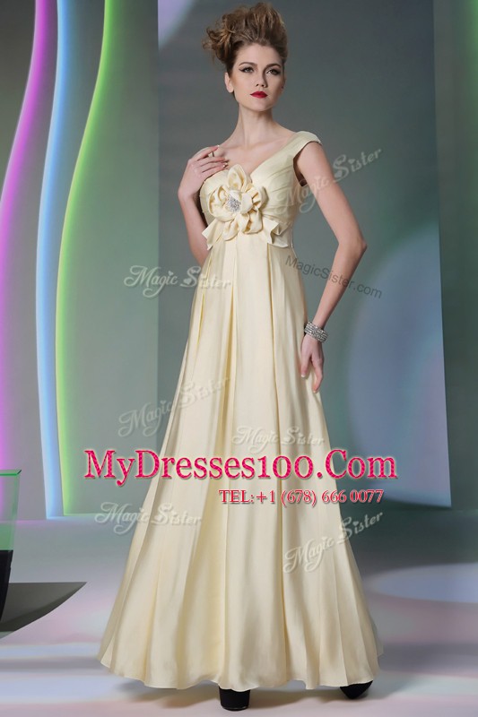 Column/Sheath Prom Dresses Light Yellow Scoop Chiffon Cap Sleeves Floor Length Side Zipper
