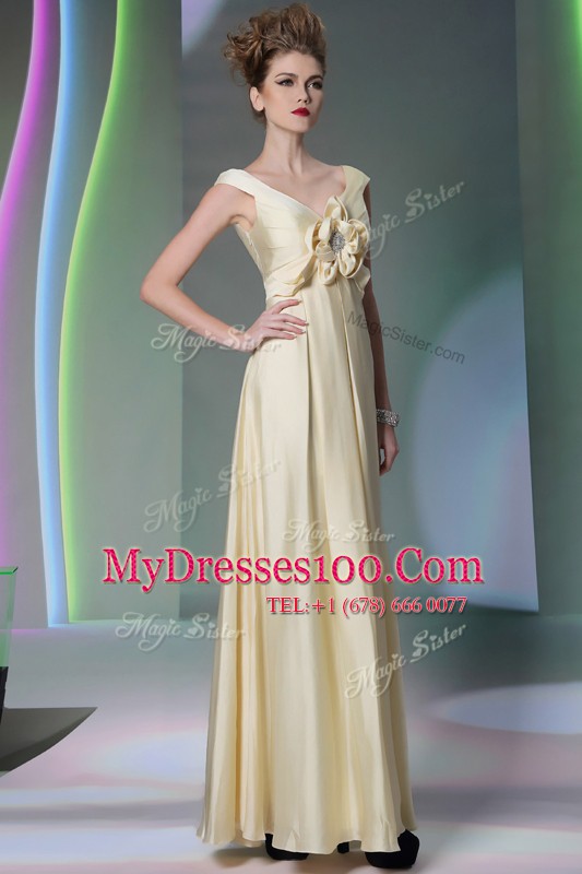 Column/Sheath Prom Dresses Light Yellow Scoop Chiffon Cap Sleeves Floor Length Side Zipper