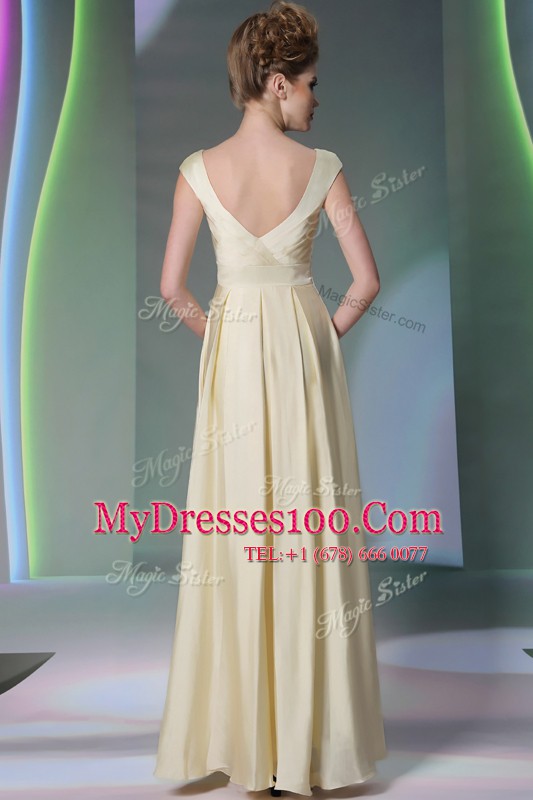 Column/Sheath Prom Dresses Light Yellow Scoop Chiffon Cap Sleeves Floor Length Side Zipper