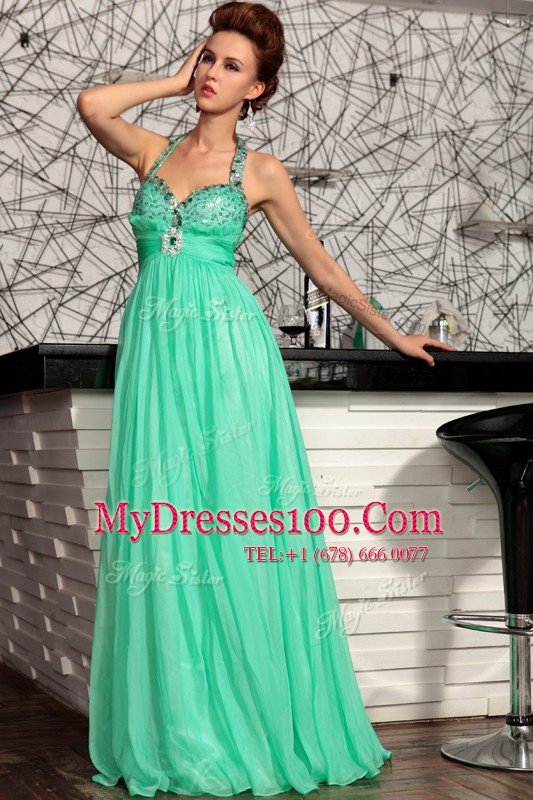 Fantastic Halter Top Turquoise Zipper Prom Dresses Beading Sleeveless Sweep Train