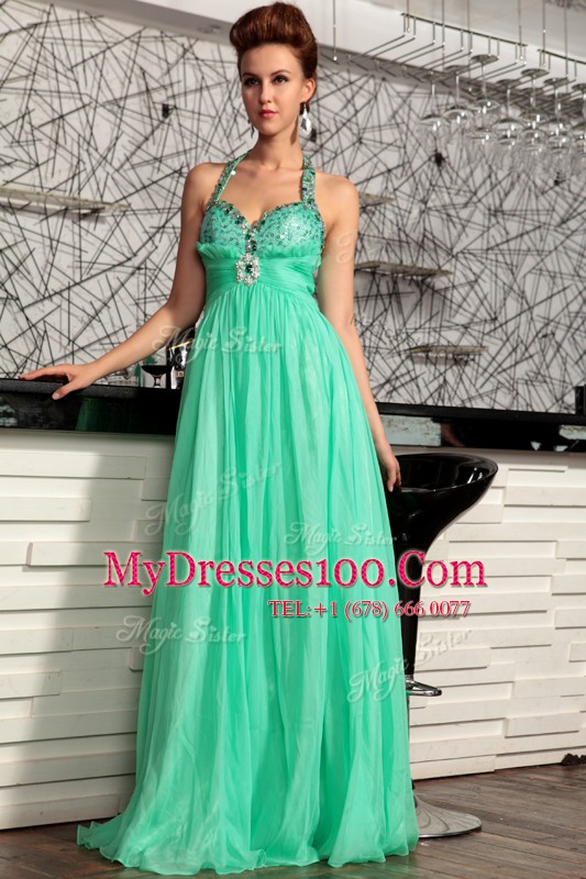 Fantastic Halter Top Turquoise Zipper Prom Dresses Beading Sleeveless Sweep Train