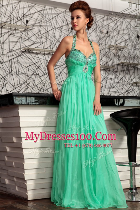 Fantastic Halter Top Turquoise Zipper Prom Dresses Beading Sleeveless Sweep Train