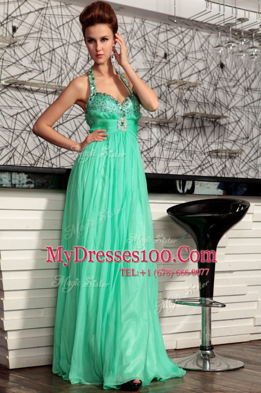 Fantastic Halter Top Turquoise Zipper Prom Dresses Beading Sleeveless Sweep Train