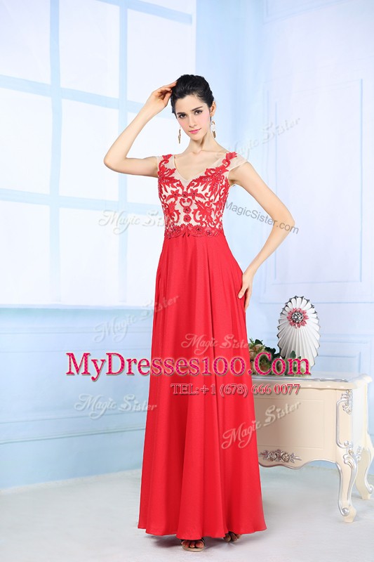 Hot Selling Coral Red Sleeveless Floor Length Lace Zipper Dress for Prom