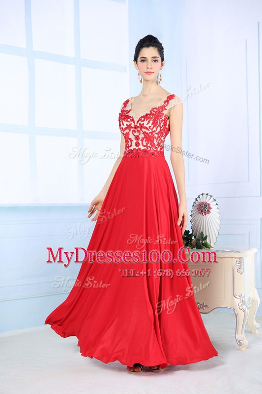 Hot Selling Coral Red Sleeveless Floor Length Lace Zipper Dress for Prom