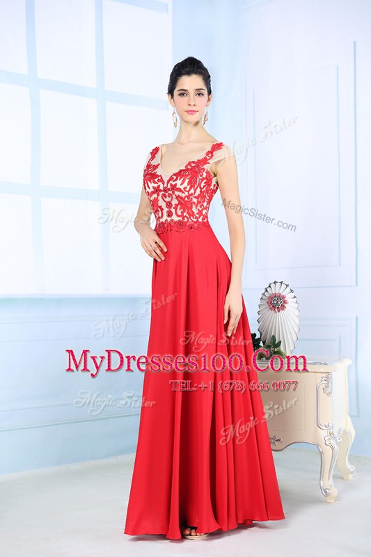 Hot Selling Coral Red Sleeveless Floor Length Lace Zipper Dress for Prom