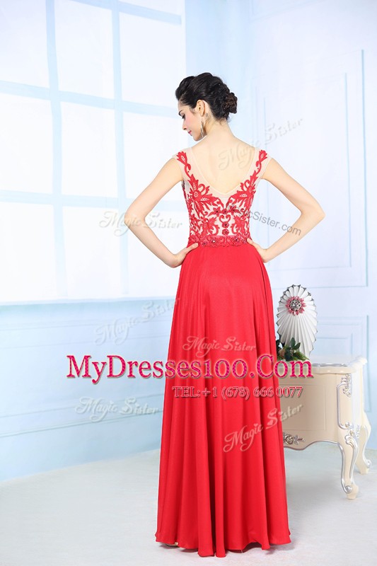Hot Selling Coral Red Sleeveless Floor Length Lace Zipper Dress for Prom
