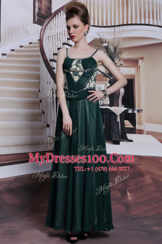 Teal Column/Sheath Spaghetti Straps Sleeveless Chiffon Floor Length Zipper Embroidery Prom Evening Gown