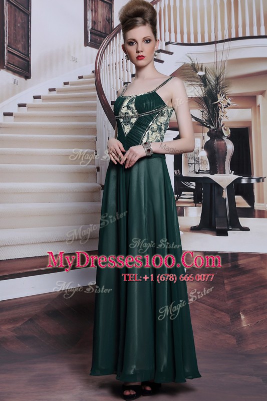 Teal Column/Sheath Spaghetti Straps Sleeveless Chiffon Floor Length Zipper Embroidery Prom Evening Gown