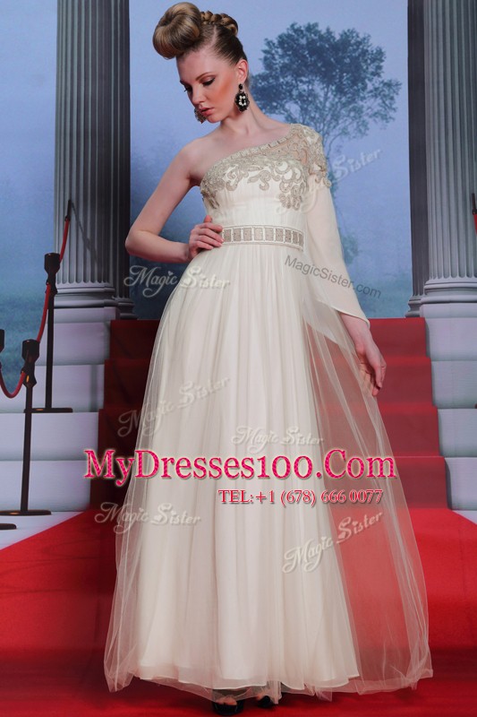 One Shoulder 3 4 Length Sleeve Beading and Appliques Side Zipper Mother Of The Bride Dress
