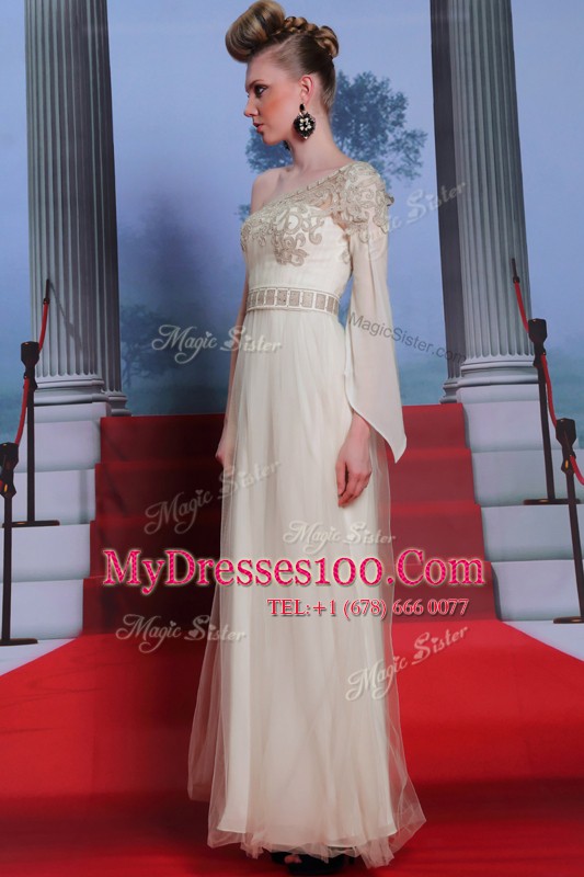 One Shoulder 3 4 Length Sleeve Beading and Appliques Side Zipper Mother Of The Bride Dress