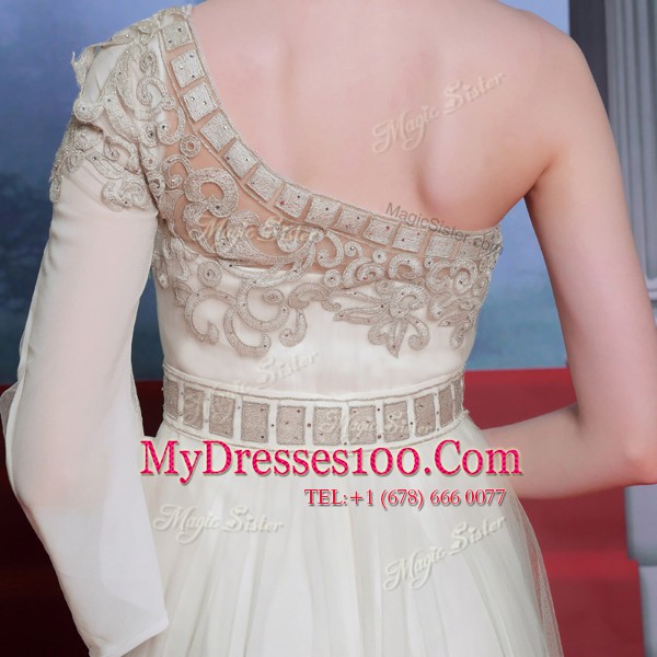 One Shoulder 3 4 Length Sleeve Beading and Appliques Side Zipper Mother Of The Bride Dress