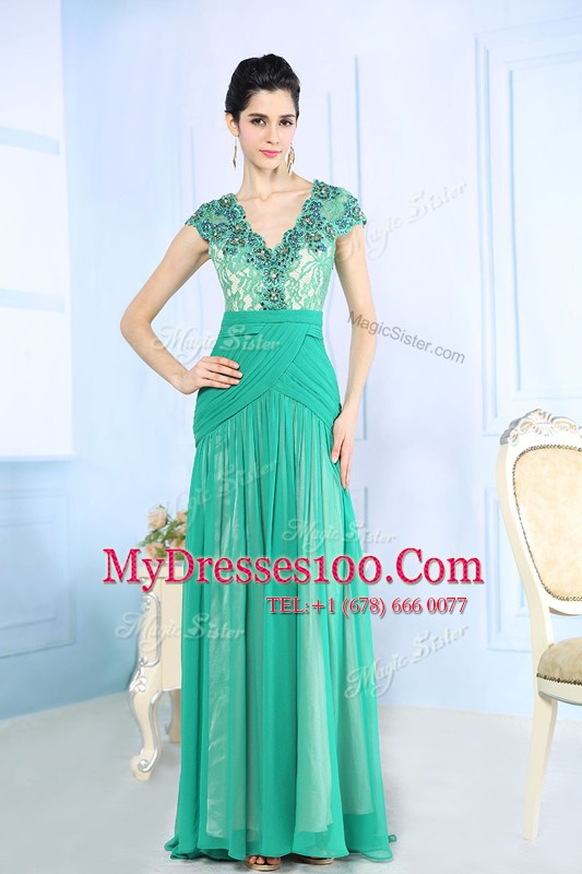 Fine V-neck Cap Sleeves Mother Of The Bride Dress With Brush Train Beading and Lace and Ruching Turquoise Chiffon