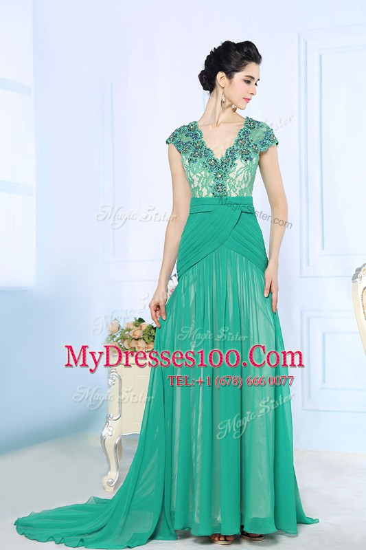 Fine V-neck Cap Sleeves Mother Of The Bride Dress With Brush Train Beading and Lace and Ruching Turquoise Chiffon