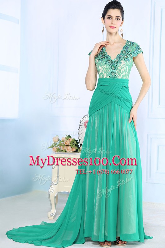 Fine V-neck Cap Sleeves Mother Of The Bride Dress With Brush Train Beading and Lace and Ruching Turquoise Chiffon