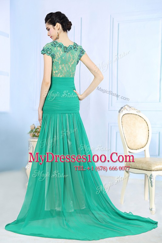 Fine V-neck Cap Sleeves Mother Of The Bride Dress With Brush Train Beading and Lace and Ruching Turquoise Chiffon