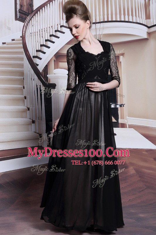 Pleated Floor Length Black Prom Party Dress V-neck Half Sleeves Zipper