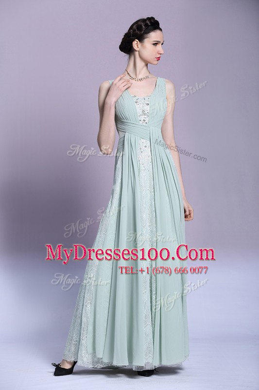 Beauteous Light Blue Sleeveless Beading and Ruching Floor Length Mother Of The Bride Dress