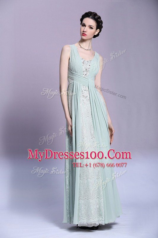 Beauteous Light Blue Sleeveless Beading and Ruching Floor Length Mother Of The Bride Dress