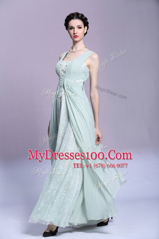 Beauteous Light Blue Sleeveless Beading and Ruching Floor Length Mother Of The Bride Dress