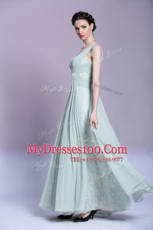 Beauteous Light Blue Sleeveless Beading and Ruching Floor Length Mother Of The Bride Dress