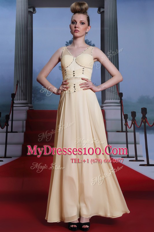 Cheap Light Yellow Side Zipper V-neck Beading and Ruching Prom Party Dress Chiffon Sleeveless