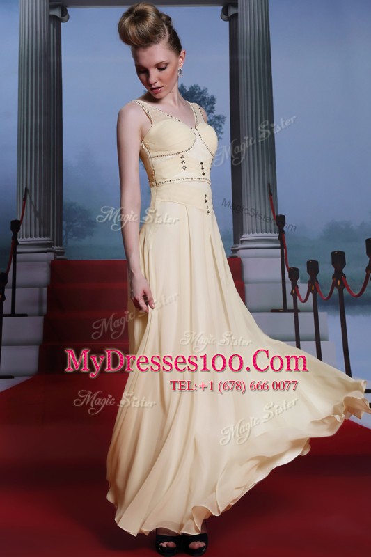 Cheap Light Yellow Side Zipper V-neck Beading and Ruching Prom Party Dress Chiffon Sleeveless