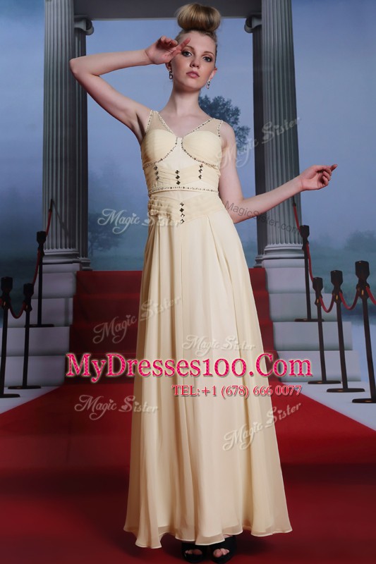 Cheap Light Yellow Side Zipper V-neck Beading and Ruching Prom Party Dress Chiffon Sleeveless