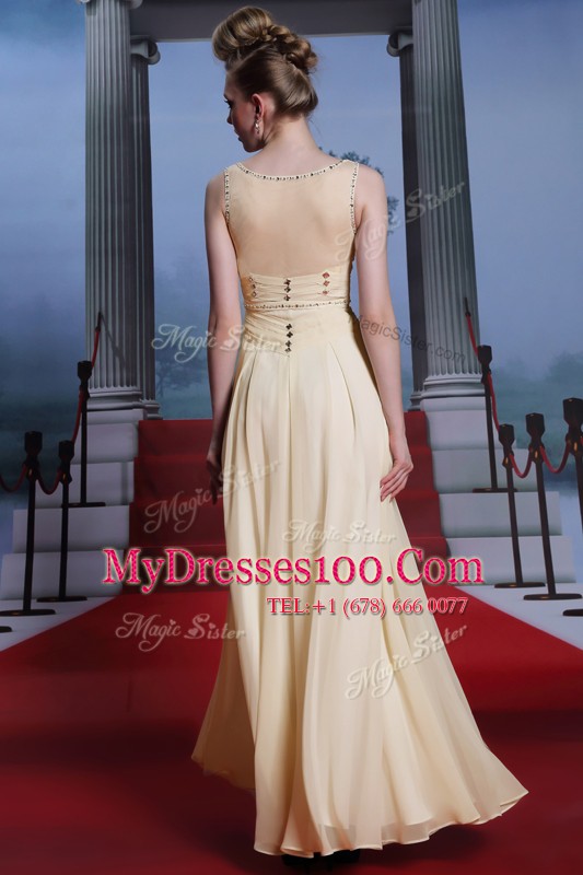 Cheap Light Yellow Side Zipper V-neck Beading and Ruching Prom Party Dress Chiffon Sleeveless