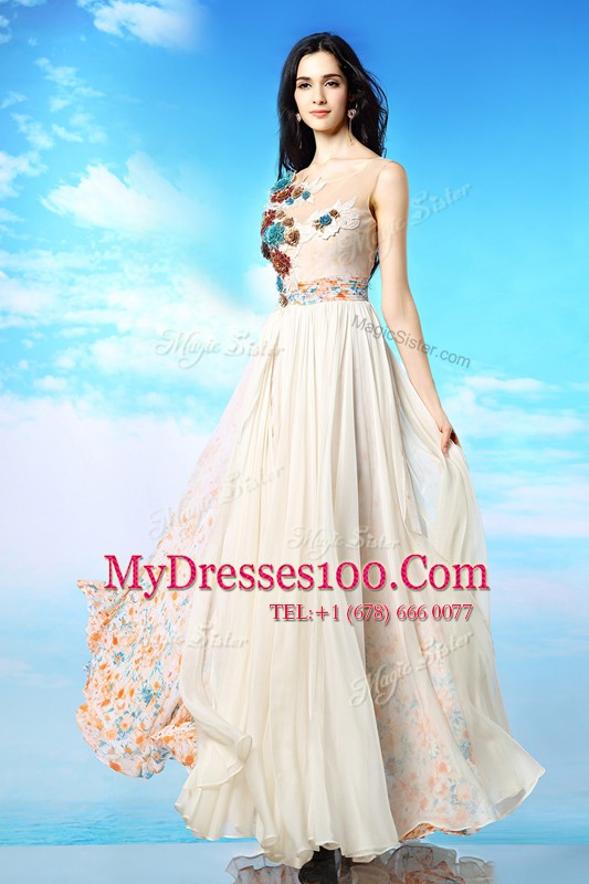 Scoop White Chiffon Side Zipper Prom Dresses Sleeveless Ankle Length Appliques and Ruching and Pattern