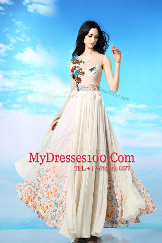 Scoop White Chiffon Side Zipper Prom Dresses Sleeveless Ankle Length Appliques and Ruching and Pattern