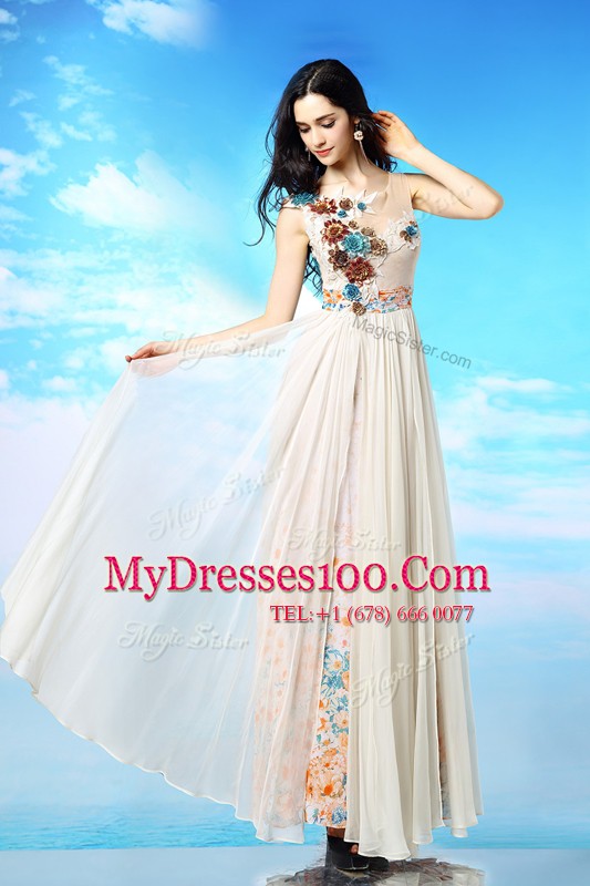 Scoop White Chiffon Side Zipper Prom Dresses Sleeveless Ankle Length Appliques and Ruching and Pattern