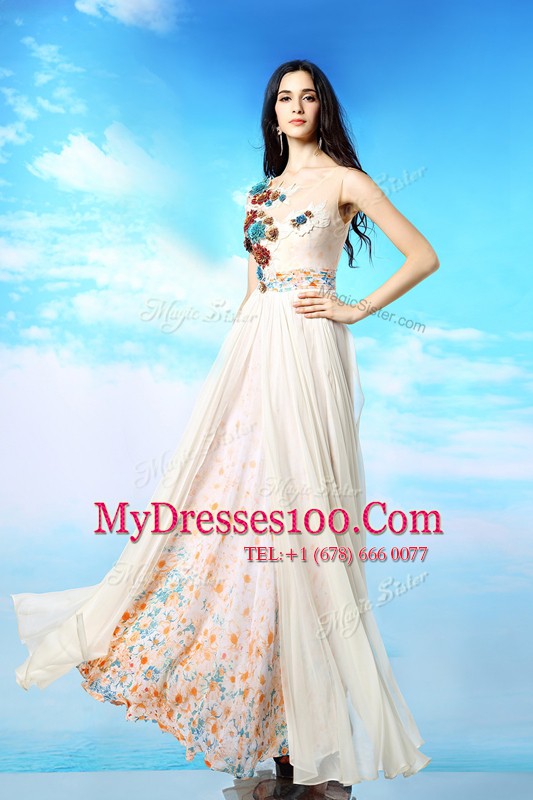Scoop White Chiffon Side Zipper Prom Dresses Sleeveless Ankle Length Appliques and Ruching and Pattern