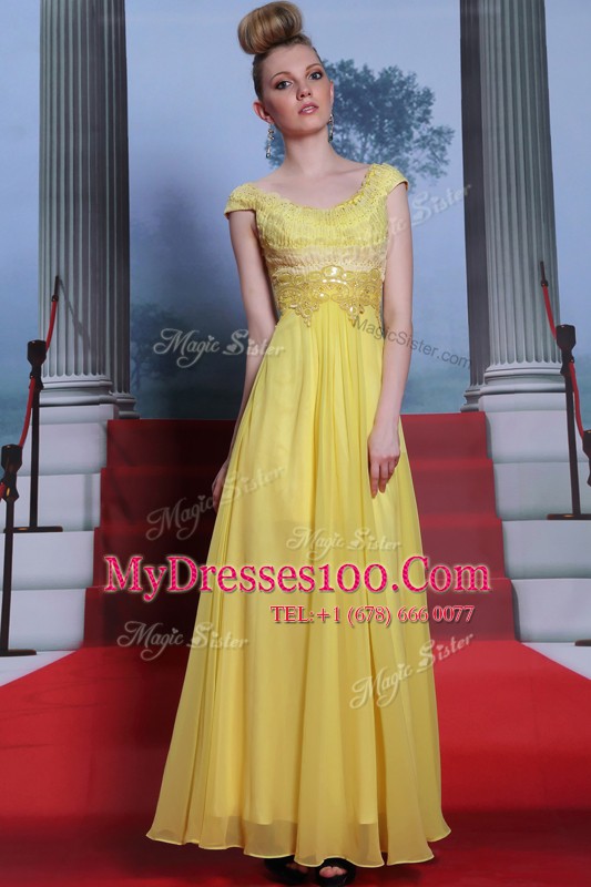 High End Scalloped Floor Length Yellow Prom Dress Chiffon Short Sleeves Beading and Appliques and Pleated