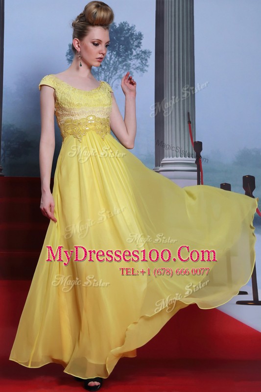 High End Scalloped Floor Length Yellow Prom Dress Chiffon Short Sleeves Beading and Appliques and Pleated