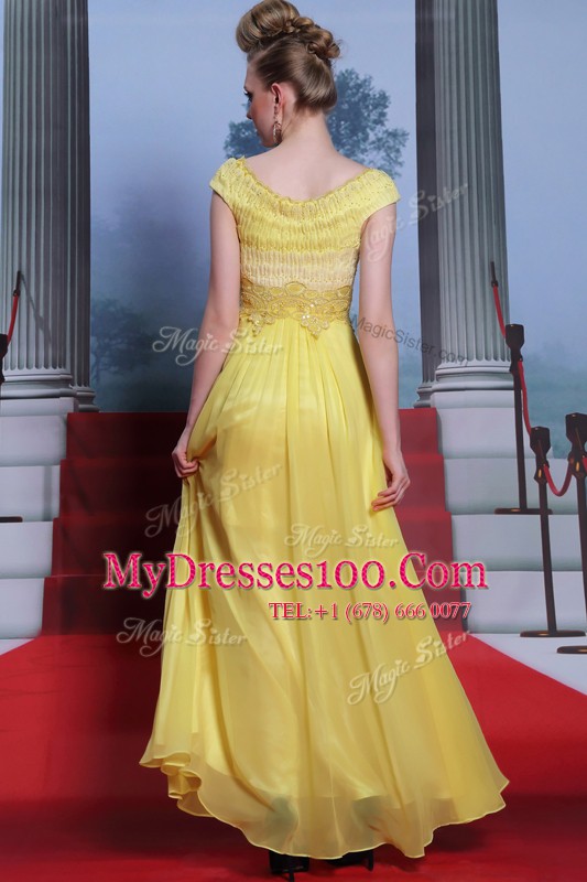 High End Scalloped Floor Length Yellow Prom Dress Chiffon Short Sleeves Beading and Appliques and Pleated