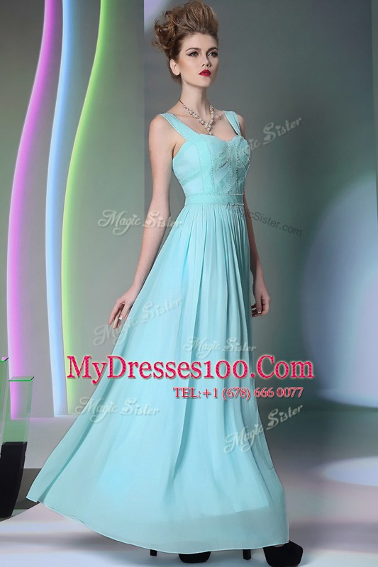 Comfortable Floor Length Aqua Blue Evening Dress Chiffon Sleeveless Beading