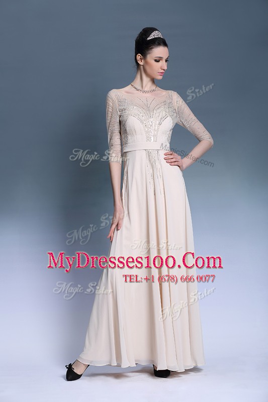 Romantic Champagne Column/Sheath Bateau Short Sleeves Chiffon Floor Length Zipper Beading and Pleated Prom Evening Gown