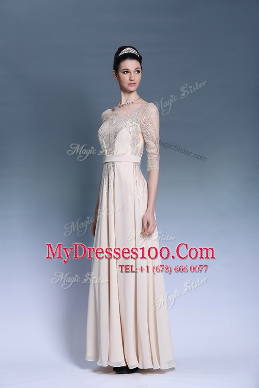 Romantic Champagne Column/Sheath Bateau Short Sleeves Chiffon Floor Length Zipper Beading and Pleated Prom Evening Gown