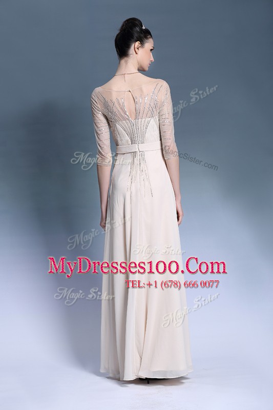 Romantic Champagne Column/Sheath Bateau Short Sleeves Chiffon Floor Length Zipper Beading and Pleated Prom Evening Gown