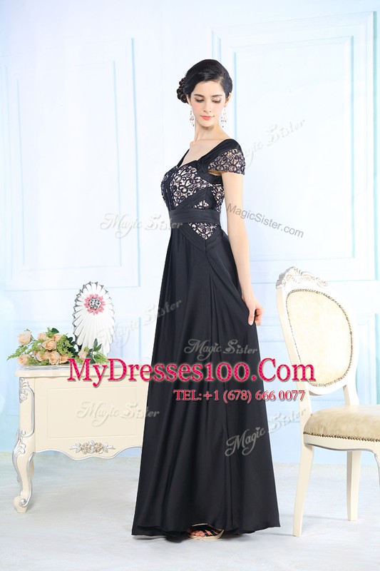 Chiffon Cap Sleeves Floor Length Formal Evening Gowns and Beading