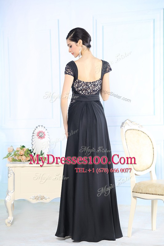 Chiffon Cap Sleeves Floor Length Formal Evening Gowns and Beading